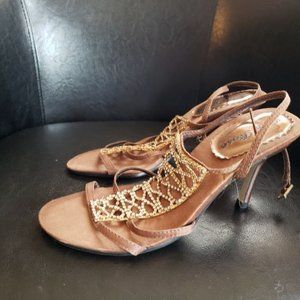 Wild Rose Strappy Brown Heels with Gold Accents